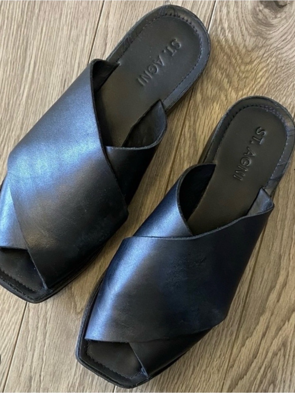 St. Agni Black Leather Crisscross Slide Sandals Mules
